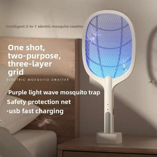 Intelligent 2-in-1 Electric Mosquito Swatter & UV Light Trap – USB Fast Charging, Handheld & Vertical Standing Modes with Triple-Layer Safety Grid