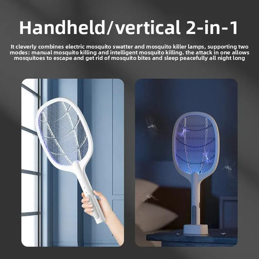 Intelligent 2-in-1 Electric Mosquito Swatter & UV Light Trap – USB Fast Charging, Handheld & Vertical Standing Modes with Triple-Layer Safety Grid