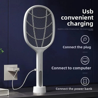 Intelligent 2-in-1 Electric Mosquito Swatter & UV Light Trap – USB Fast Charging, Handheld & Vertical Standing Modes with Triple-Layer Safety Grid