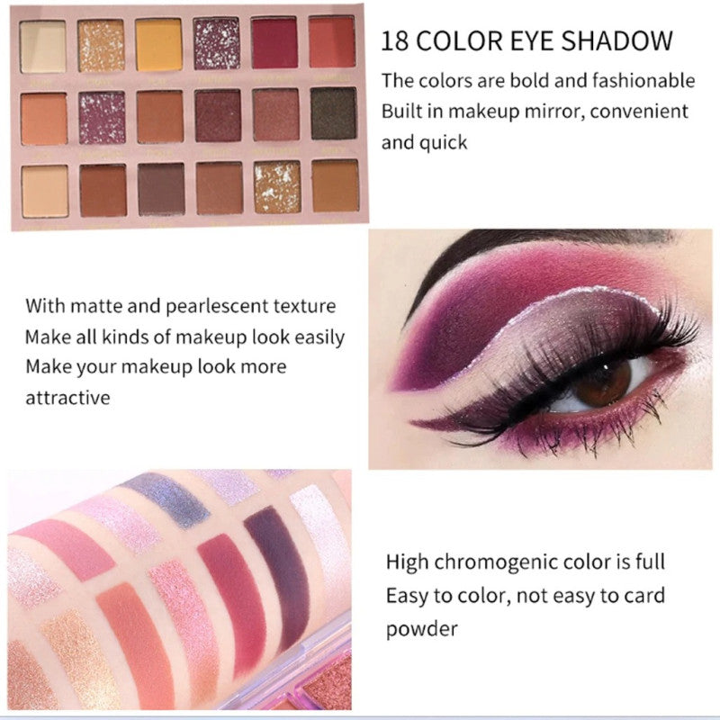 New Nude 18-Color Highly Pigmented Eyeshadow Palette – Professional Matte, Shimmer & Pearlescent Textures with Built-in Mirror