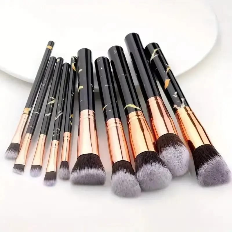 10-Piece Professional Marble Makeup Brush Set – Premium Soft Synthetic Bristles with Rose Gold Ferrules