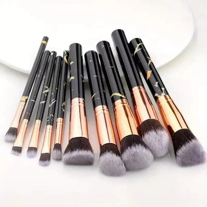 10-Piece Professional Marble Makeup Brush Set – Premium Soft Synthetic Bristles with Rose Gold Ferrules